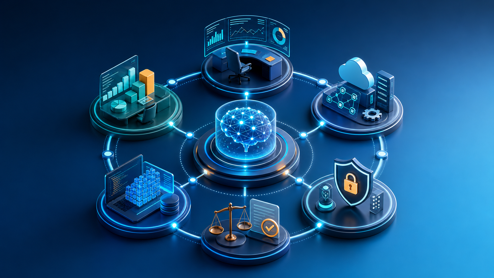 Modelo circular com direção, negócio, DevOps, desenvolvimento, segurança, jurídico e privacidade conectados a uma aplicação central de IA